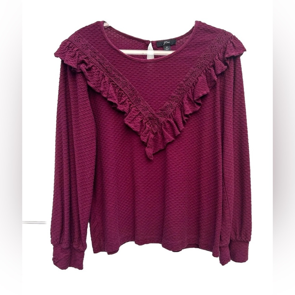 J Crew Blouse Top Women M Burgundy Ruffle Trim Honeycomb Knit Cotton Long Sleeve